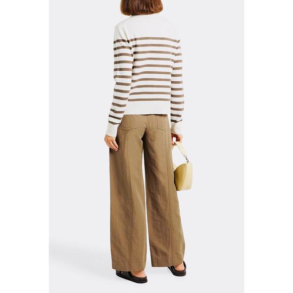 Minimalist Chic Soft Striped Wool Cashmere Mock Neck Sweater Vince. Cream Tan M - Picture 2 of 9